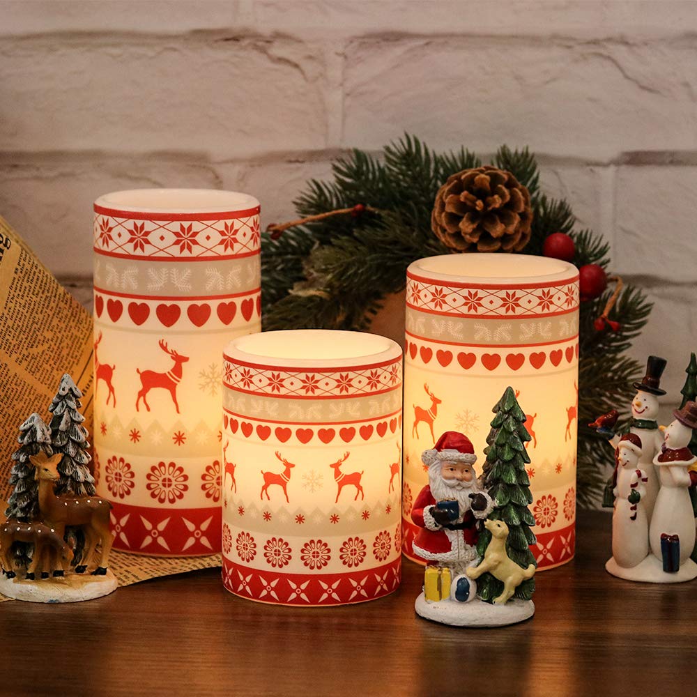 GenSwin Flameless Flickering Led Candles Battery Operated with 6 Hours Timer, Real Wax Pillar Candles Warm Light Love Deer Decal Decor Gift(Pack of 3)
