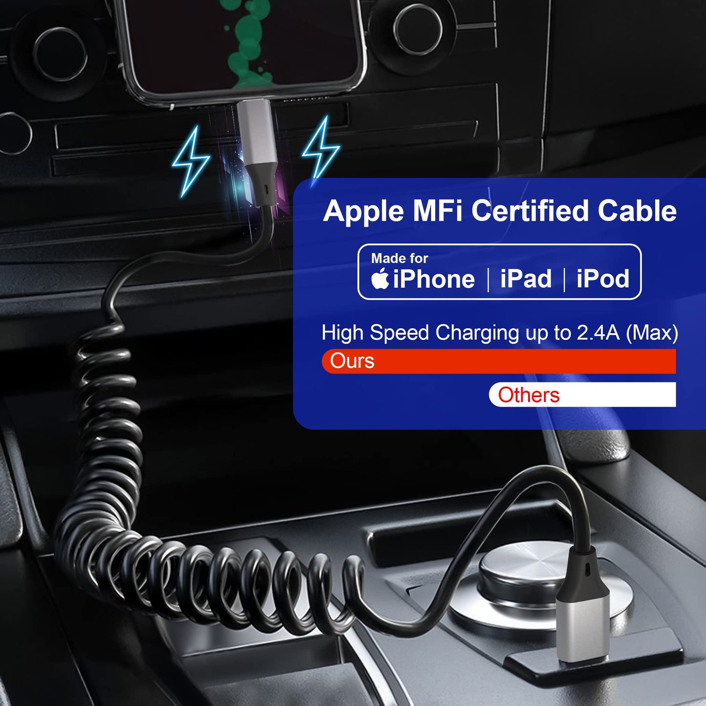 Coiled Lightning Cable Apple Carplay Compatible [Apple MFi Certified] Short USB to Lightning Apple Carplay Cable with Data Sync, Retractable iPhone…