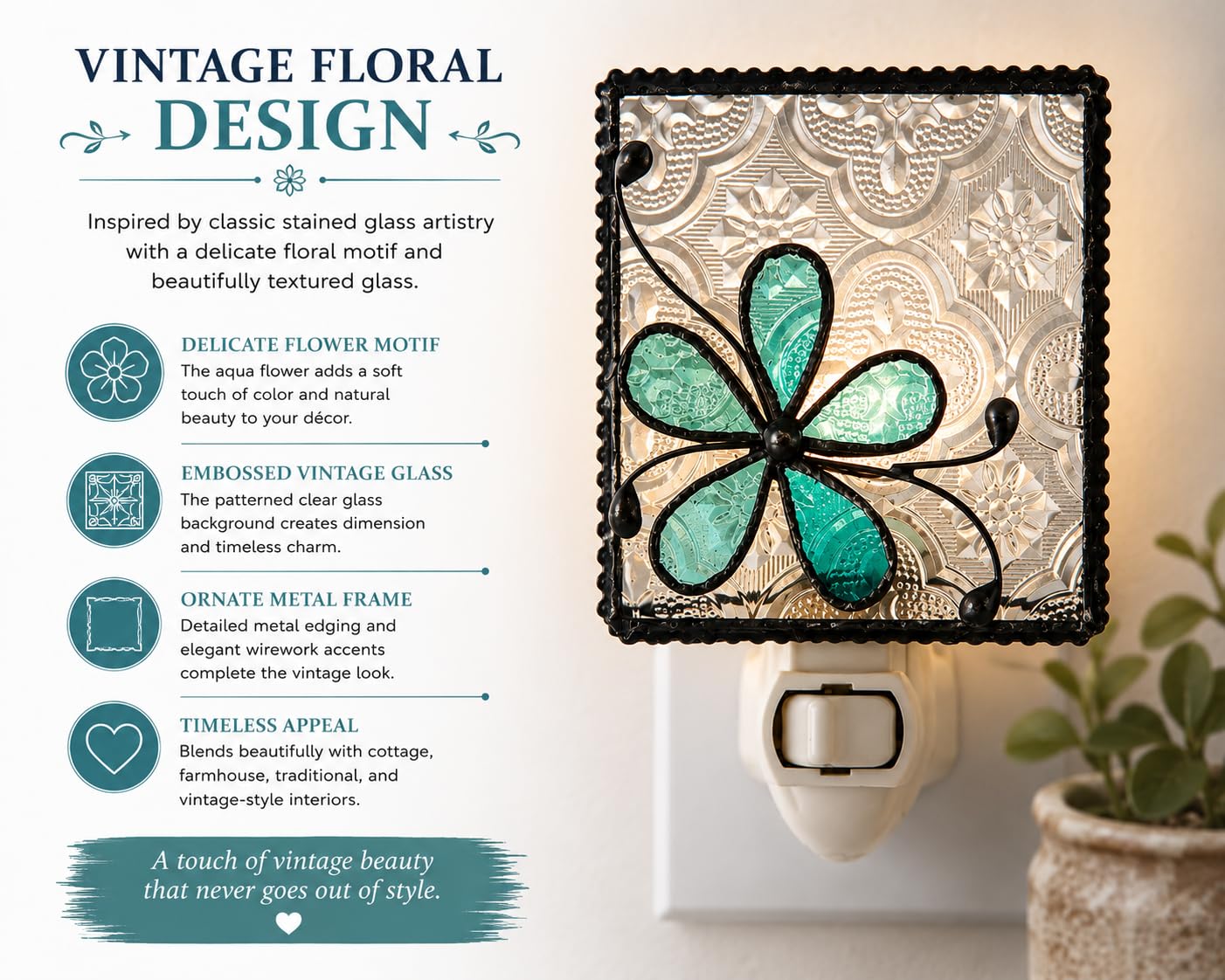 J Devlin Glass Art Flower Stained Glass Night Light, Turquoise Blue, Plug in nightlight for Bedroom/Bathroom/Stairway/Hallway Home Decor NTL 129-3