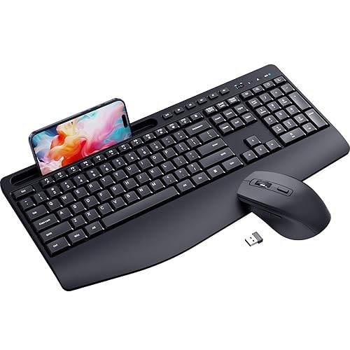 Ergonomic Wireless Keyboard and Mouse Combination, LIZRROT 2.4GHz Quiet Full Length Mouse and Keyboard, Wrist Stand, Phone Holder, Compatible