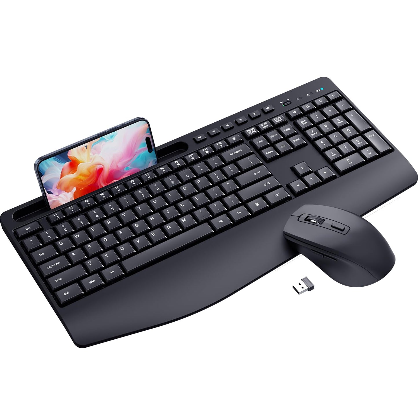 Ergonomic Wireless Keyboard and Mouse Combination, LIZRROT 2.4GHz Quiet Full Length Mouse and Keyboard, Wrist Stand, Phone Holder, Compatible