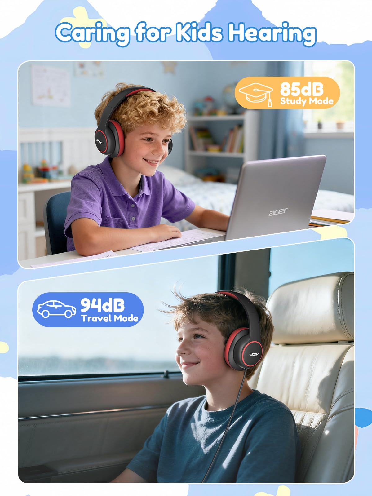 Acer Kids Headphones Wired for School - Over Ear Design, 85/94dB Safe Volume Limit, 3.5mm Jack Foldable Headphones for Toddler Boys Girls Classroom