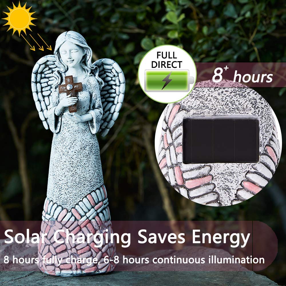 Yiosax Angel Garden Statues Outdoor Solar Decor Gifts for Women Cross Praying for Cemetery Backyard Lawn Yard Decoration?10.24inch?