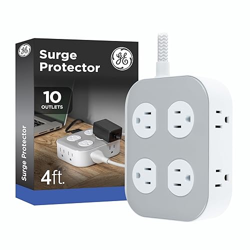 GE UltraPro 10-Outlet Surge Protector, 2100 Joules, 4ft Braided Extension Cord, Flat Plug, Power Strip with Wide-Spaced Outlets, Gray/White, 84860