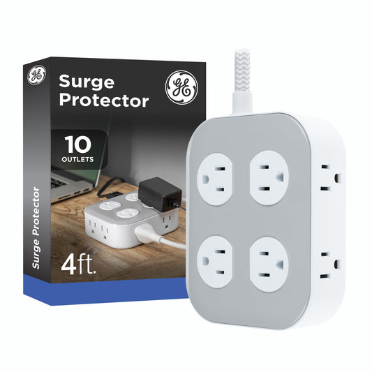 GE UltraPro 10-Outlet Surge Protector, 2100 Joules, 4ft Braided Extension Cord, Flat Plug, Power Strip with Wide-Spaced Outlets, Gray/White, 84860