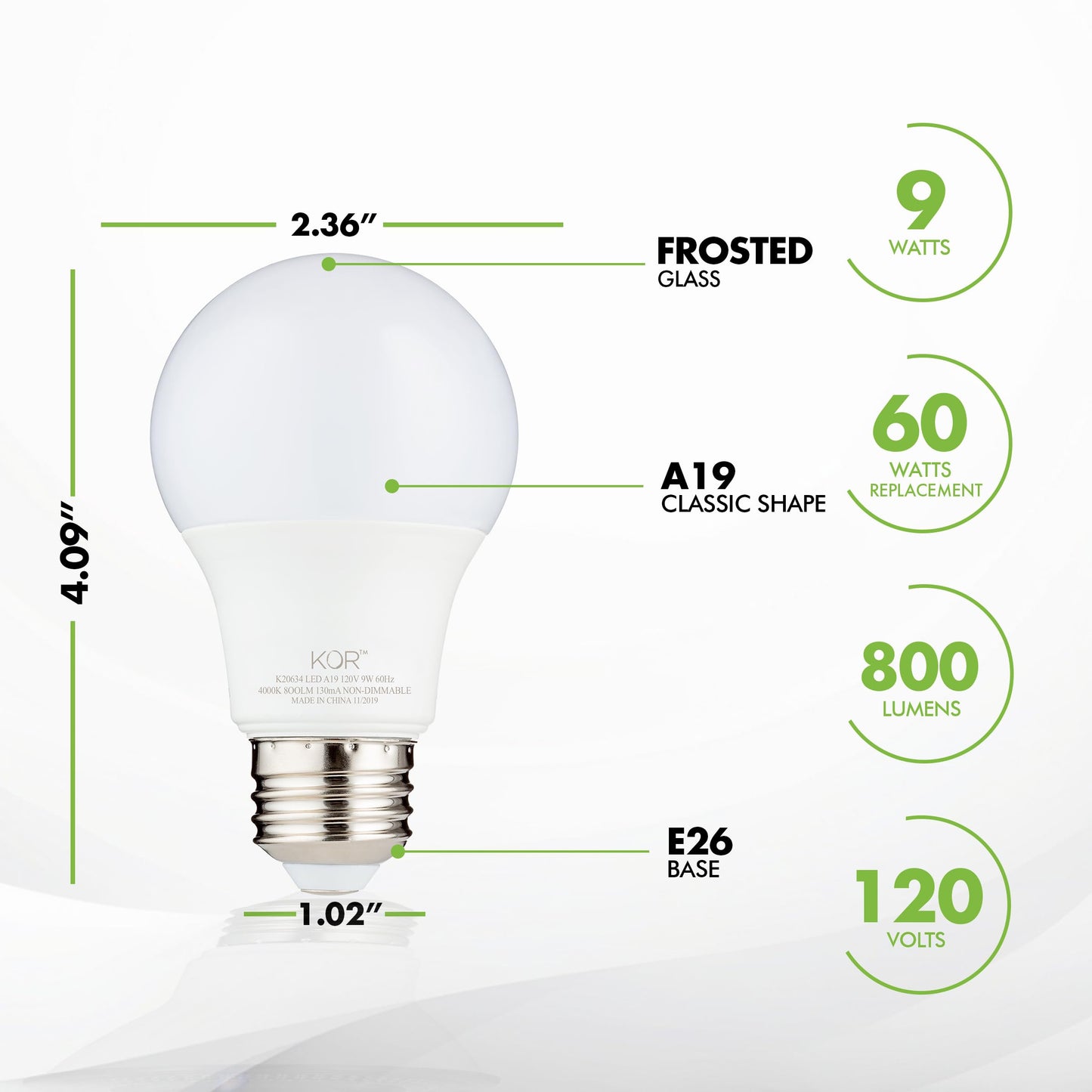 KOR A19 LED Bulbs, 60W Equivalent, 5000K Bright White, E26 Base, 6 Pack