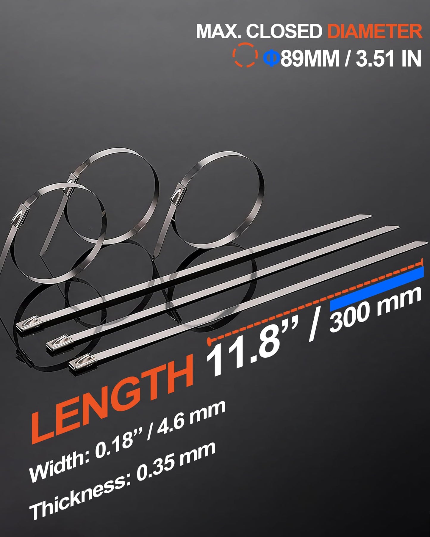 Metal Zip Ties (100PCS 11.8 Inch), 304 Stainless Steel, Heavy Duty Self-locking Cable Ties, for Exhaust Wrap, Chain Link Fence Parts, Heat Resistant