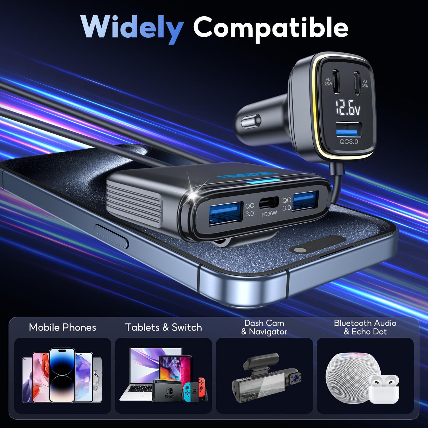 FARSENSE 115W 6-Port USB C Car Charger with PD Fast Charging & LED Display - Universal for iPhone, Samsung, iPad, Laptop