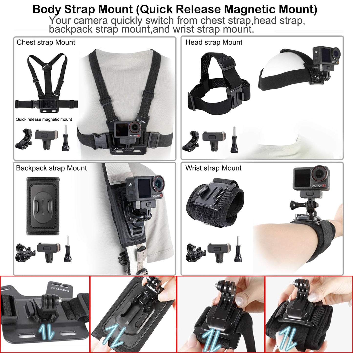 PellKing Accessories Kit for DJI Osmo Action 5pro/4/3,Carrying Case with Belt 135cm Selfie Stick Tripod Waterproof Housing Floating Handle Grip