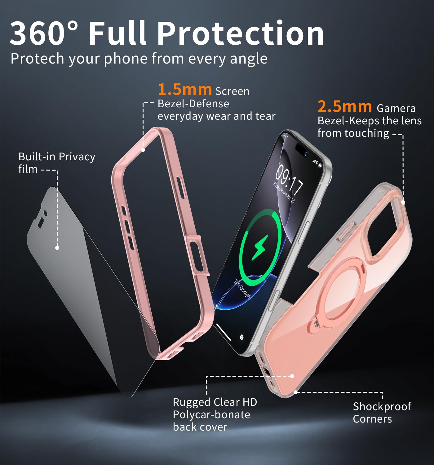 YXU? Privacy Case for iPhone 13/14 with 360° Spin Magnetic Stand Pink