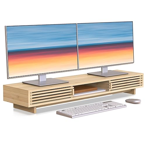 WELL WENG Dual Monitor Stand Riser with Sliding Door, Double Computer Laptop Stand Desk Shelf Organizer with Storage for 2 Monitors (Natural Bamboo