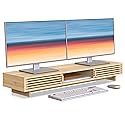 WELL WENG Dual Monitor Stand Riser with Sliding Door, Double Computer Laptop Stand Desk Shelf Organizer with Storage for 2 Monitors (Natural Bamboo