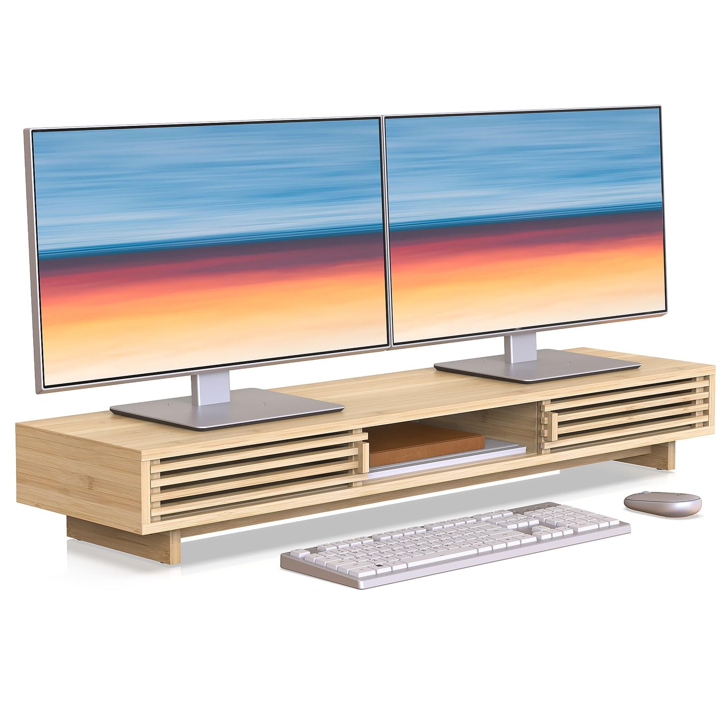 WELL WENG Dual Monitor Stand Riser with Sliding Door, Double Computer Laptop Stand Desk Shelf Organizer with Storage for 2 Monitors (Natural Bamboo