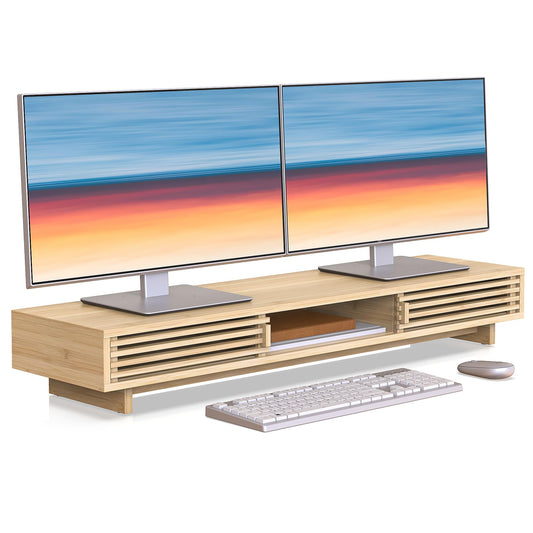 WELL WENG Dual Monitor Stand Riser with Sliding Door, Double Computer Laptop Stand Desk Shelf Organizer with Storage for 2 Monitors (Natural Bamboo