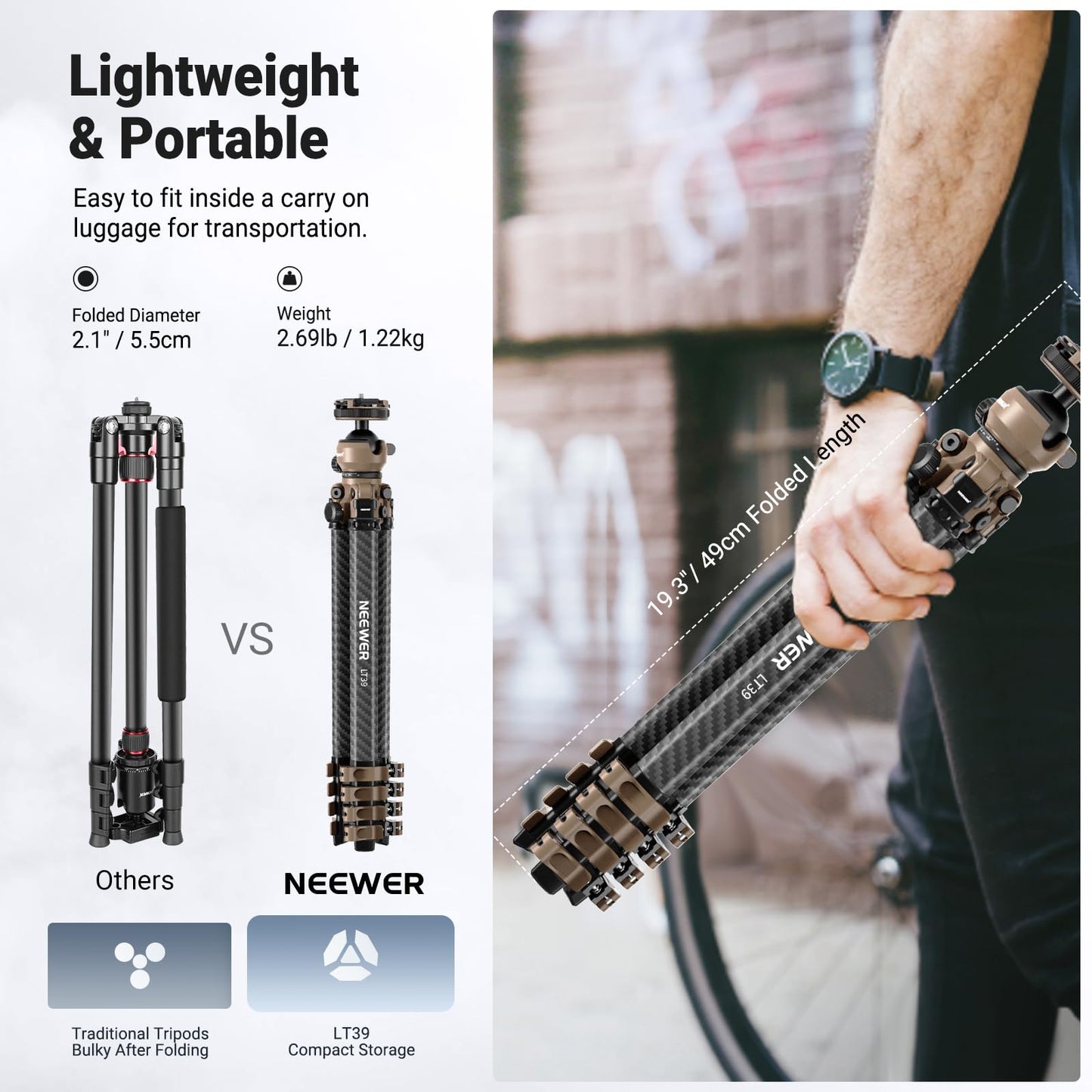 NEEWER LITETRIP Carbon Fiber Travel Tripod with Pan Tilt Low Profile Ball Head,62.4" Arca Type DSLR Camera Phone Holder Stand Compatible with PD V3