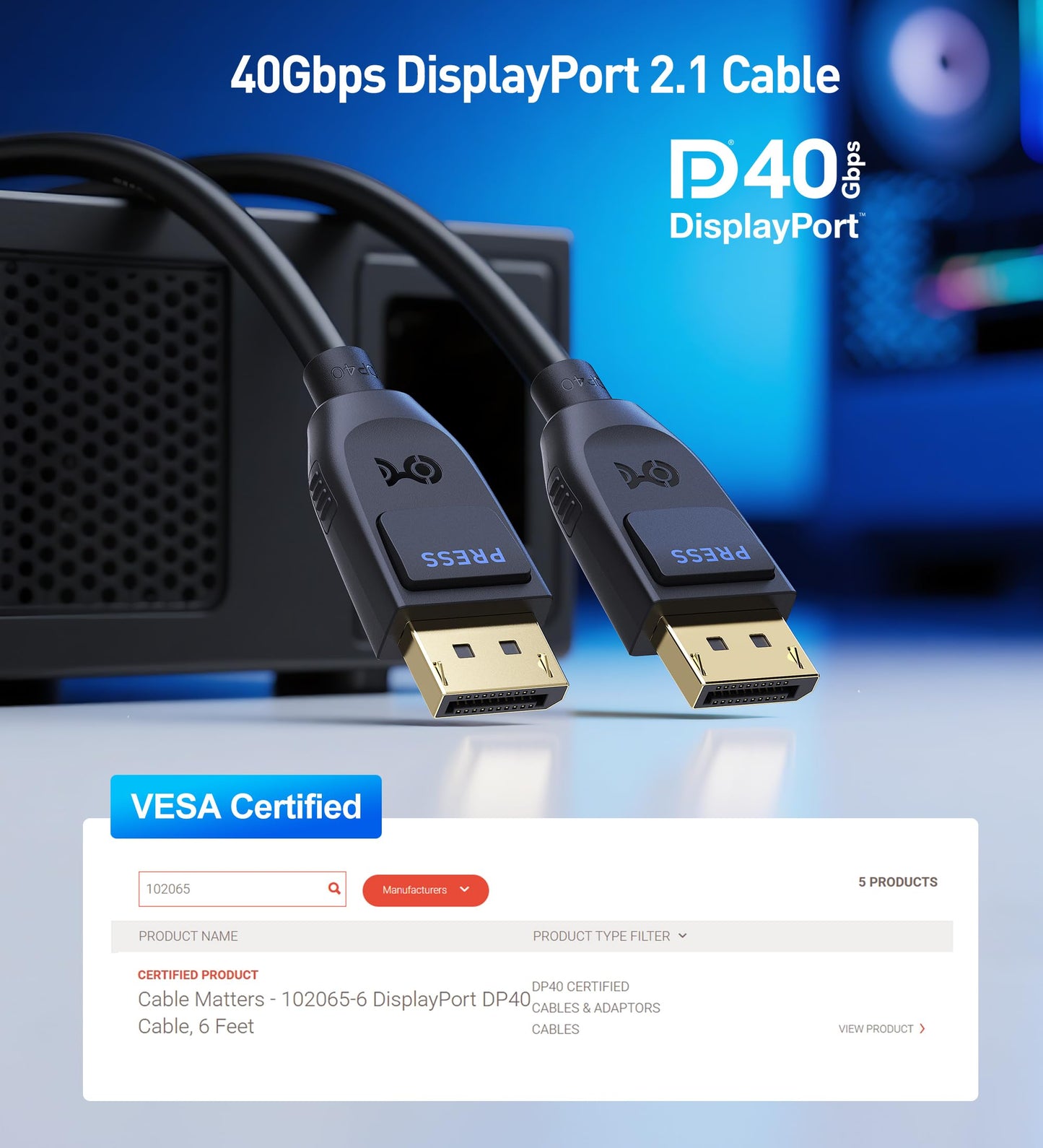 Cable Matters [VESA Certified] 40Gbps DisplayPort 2.1 Cable 2m/6.6ft, DP40 Cable 8K 120Hz, 4K 240Hz in Black with FreeSync, G-SYNC and HDR for Gaming