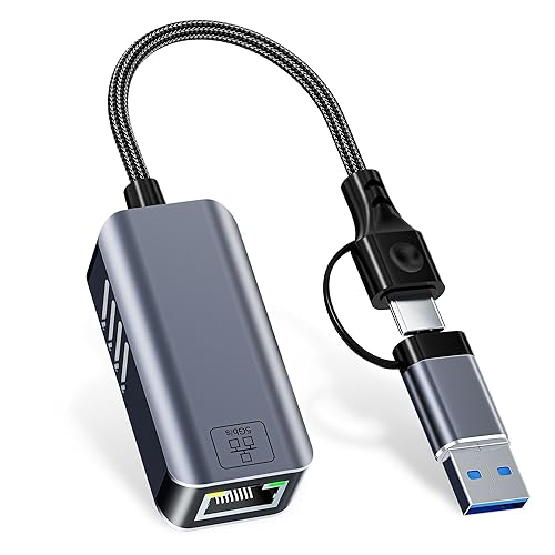 USB C to Ethernet Adapter 5 Gbps, USB-A & USB-C to RJ45 LAN 5000 Mbps Wired Network Converter, USB to Ethernet Adapter Compatible with Thunderbolt