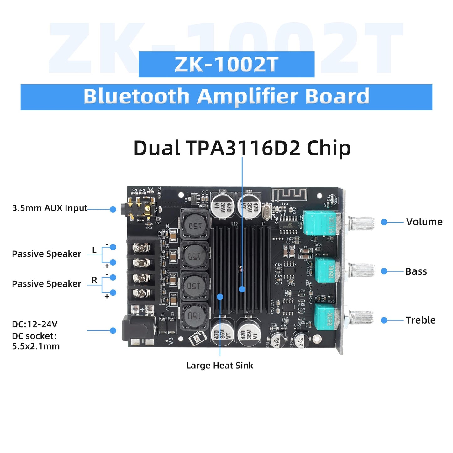 Wuzhi Audio ZK-1002T Bluetooth Amplifier Board 100W+100W Audio Amplifier Supports AUX/Bluetooth,Wide Voltage Input 12-24V (Black2 ZK-1002T)