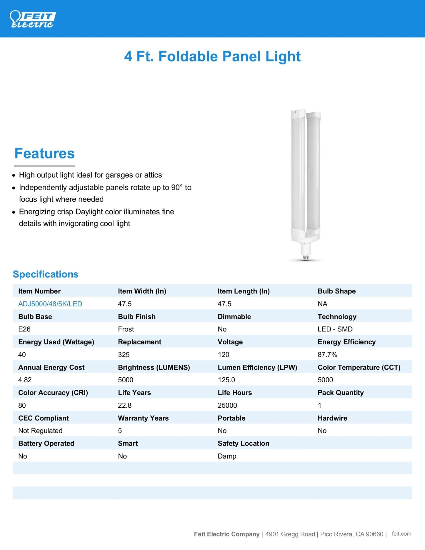 Feit Electric LED Light Panel, 4 Ft. Foldable, 40 Watts, 4000 Lumens, E26 Medium Base, 5000K Daylight, 120V, 80 CRI, 22 Years Lifetime, Frosted Bulb
