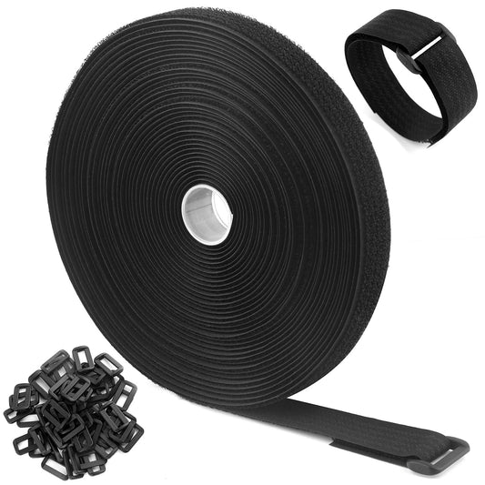 WSZJINB 32Ft x 0.8In Adjustable Cable Straps with 50 Buckles, Free Cut Length, Black Reusable Fastening Cable Ties, Hook and Loop Securing Strap