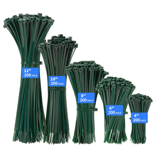 Armpow Garden Green Cable Zip Ties Heavy Duty Assorted Sizes, 1000 PCS Self-Locking 4+6+8+10+12 Inch 50LBS Nylon Cable Ties, Perfect for Home, Office