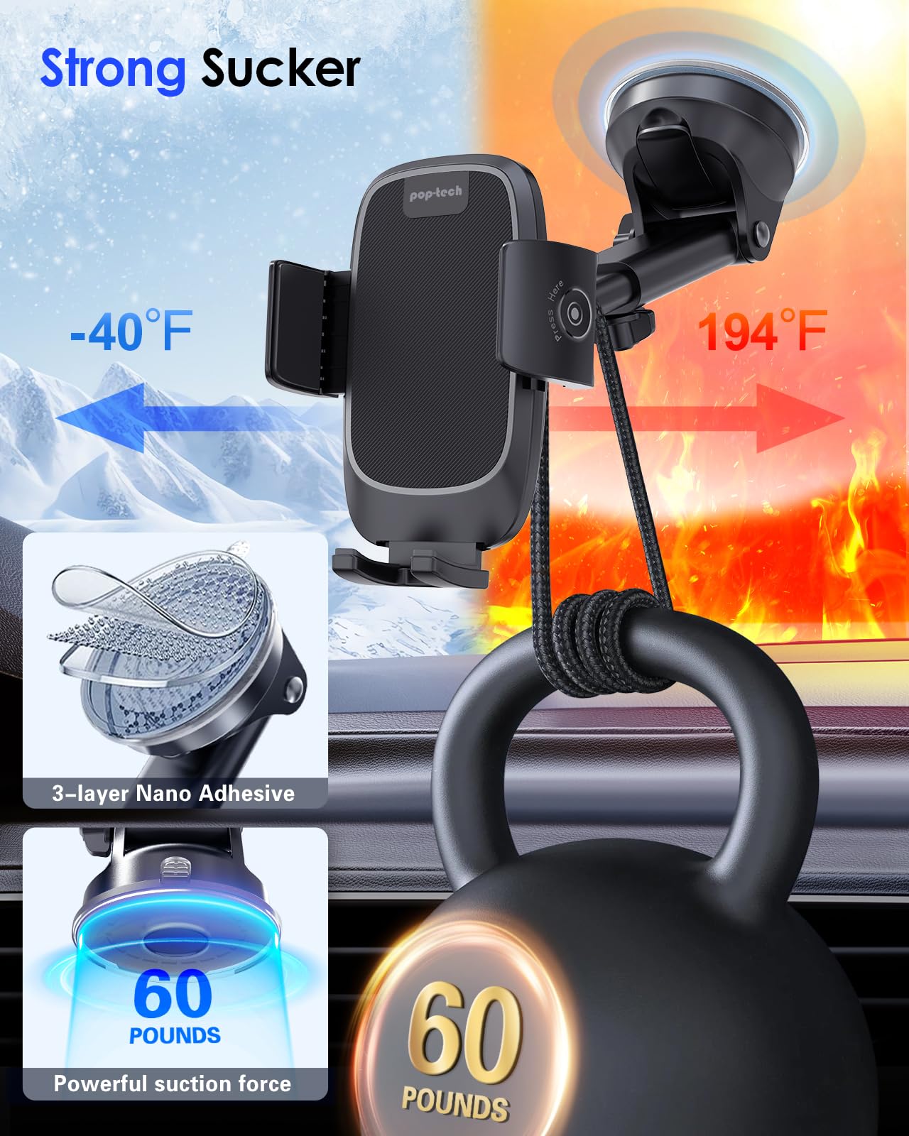 pop-tech Phone Mount for Car, [Military-Grade Suction] Universal Cell Phone Holder for Your Car Dashboard Windshield Window, Automobile Cradle Fit