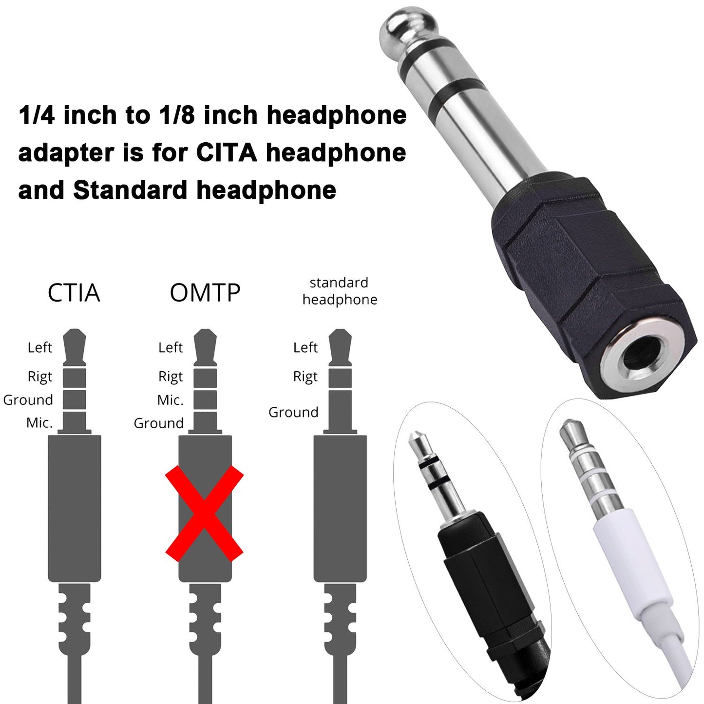 eBoot 6.35mm to 3.5mm Adapter 6.35 mm (1/4 Inch) to 3.5 mm (1/8 Inch) Adapter Female Stereo Audio Earphone, 5 Pieces, Black