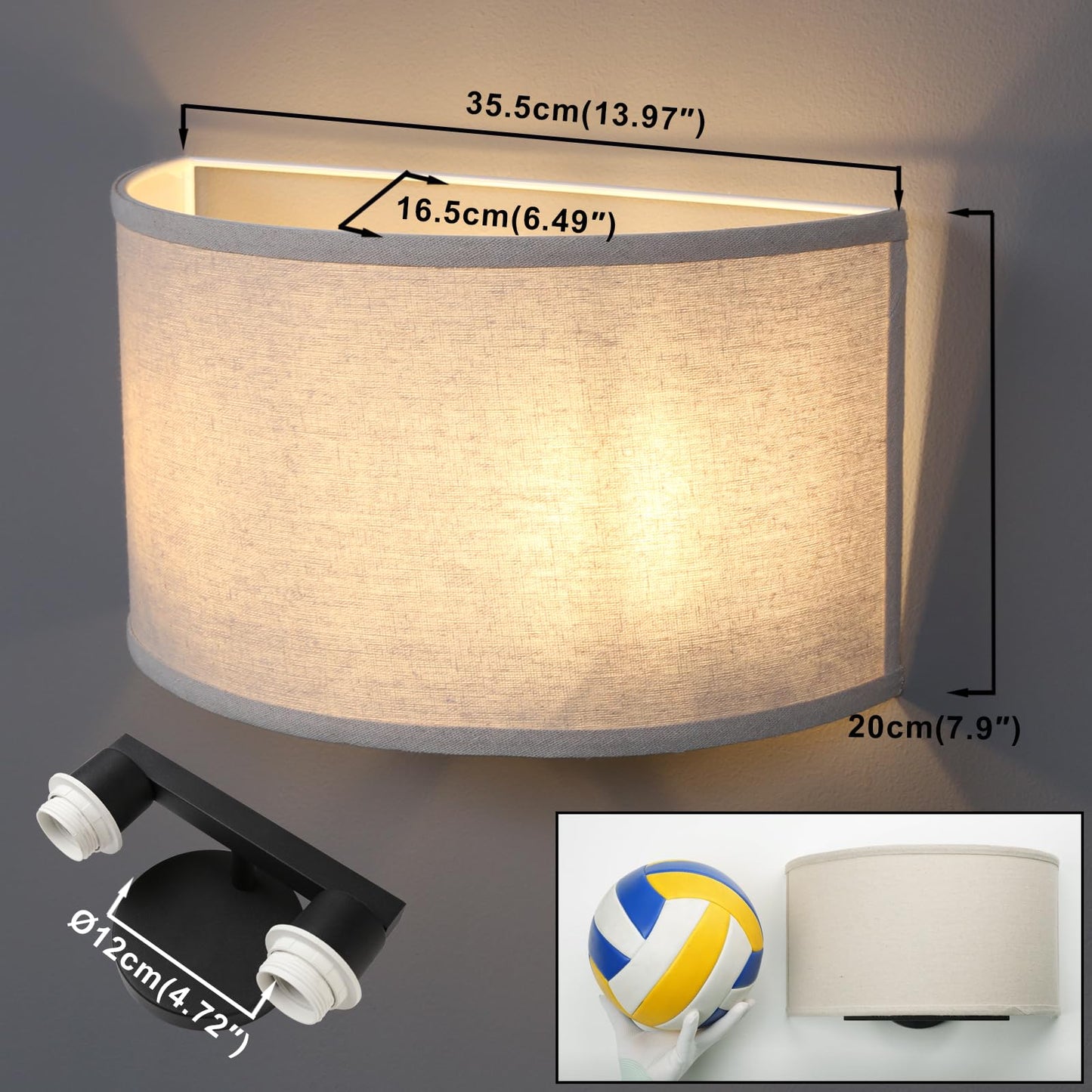 Yosoan 2-Light Linen Fabric Boho Hallway Wall Sconce Indoor Light Fixture, Dual Vintage Industrial Hardwired Half Moon Wall Lighting Semicircle