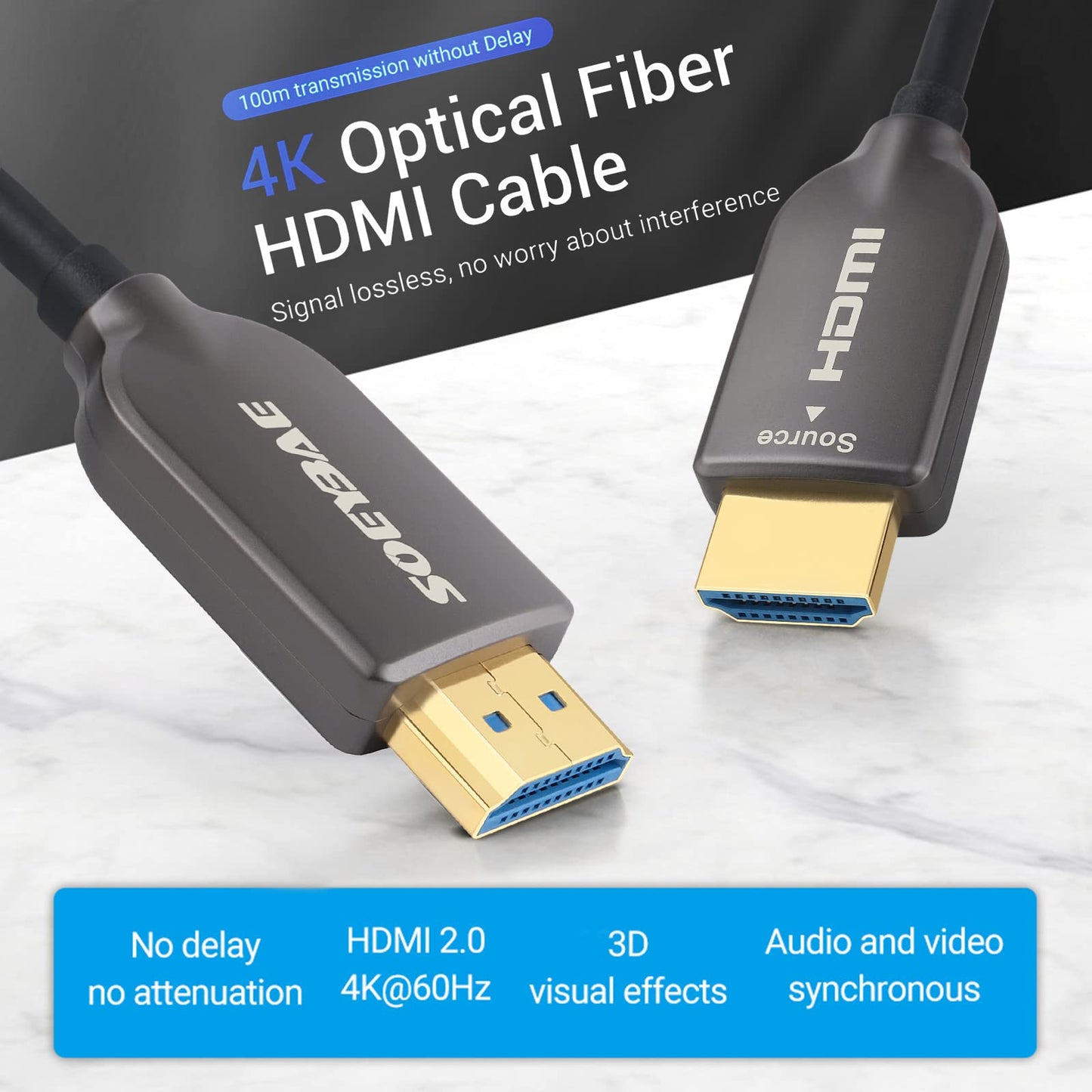 SOEYBAE 4K Fiber Optic HDMI Cable 65ft, Ultra High Speed 18Gbps, Support HDCP 2.2, ARC, 4K UHD, HD 1080p, Unidirectional Active 2.0 Cord, 3D