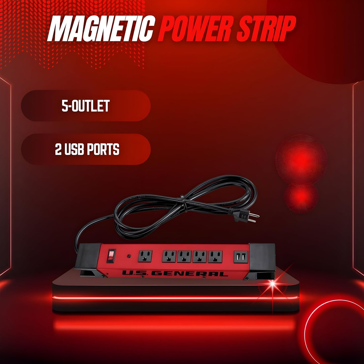 U.S. GENERAL 5-Outlet Heavy Duty Magnetic Power Strip with 2 USB Ports and Lighted on/Off Switch, 8 FT Grounded Power Cord for Garage, Workshop