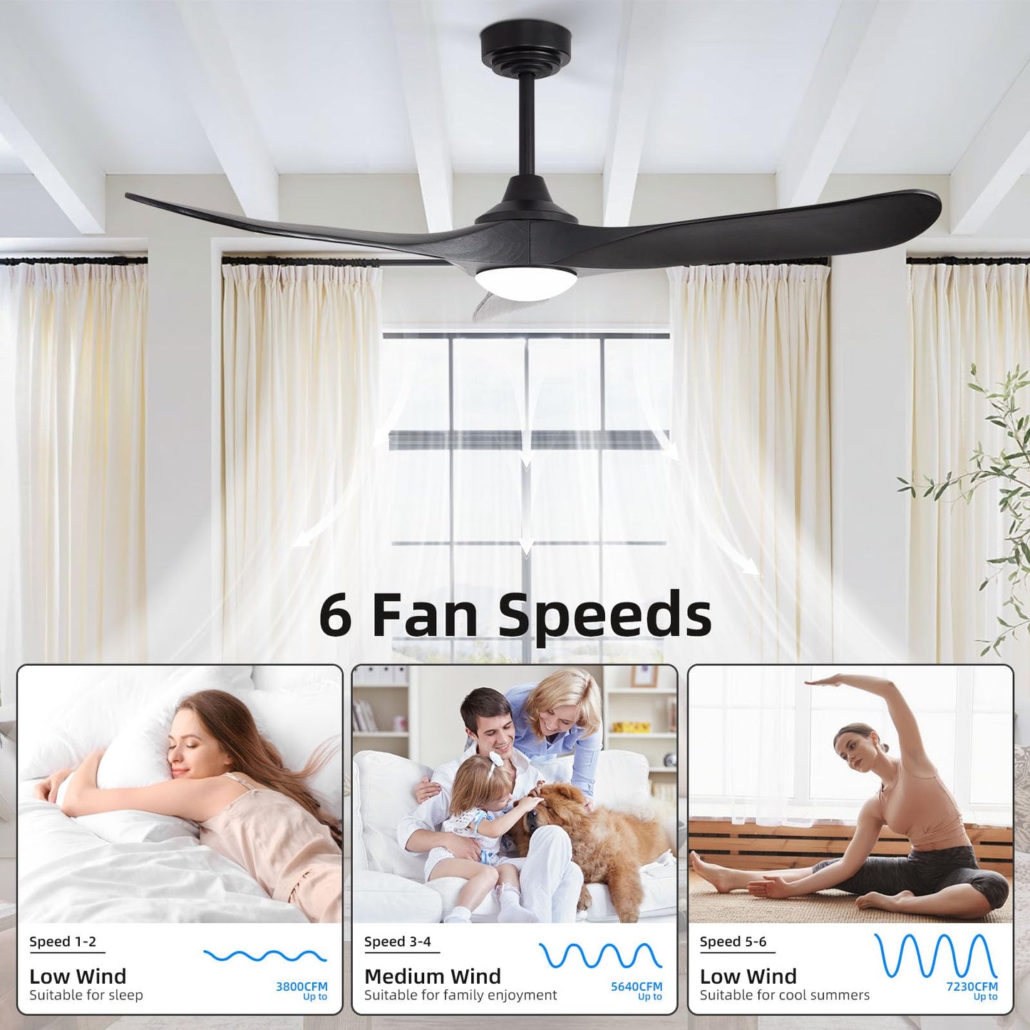 Homlit 52” Outdoor Ceiling Fan with Light and Remote via WiFi Alexa, 3 Black Solid Wood Blade, Noiseless Reversible Dc Motor, Smart Outdoor Wood