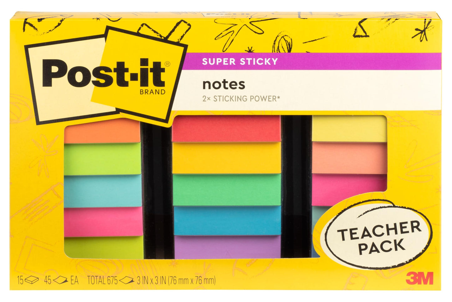 Post-it Super Sticky Notes Teacher Pack, Assorted Colors, 3 in. x 3 in., 15 Pads, 45 Sheets/Pad (654-15SSBTS-SR)