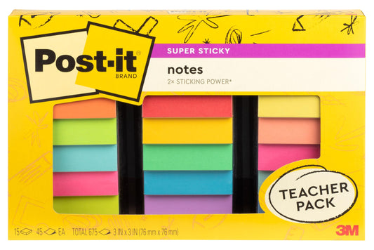 Post-it Super Sticky Notes Teacher Pack, Assorted Colors, 3 in. x 3 in., 15 Pads, 45 Sheets/Pad (654-15SSBTS-SR)