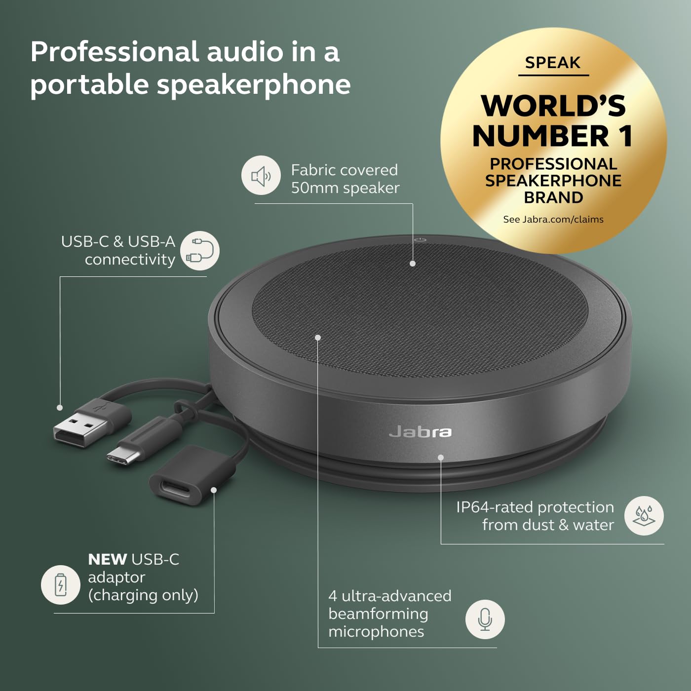 Jabra Speak2 75 (2025 Edition) Wireless Bluetooth Speakerphone - 4 Noise-Cancelling Mics, 65mm Speakers - New Linking Feature - USB-A & USB-C Adapter