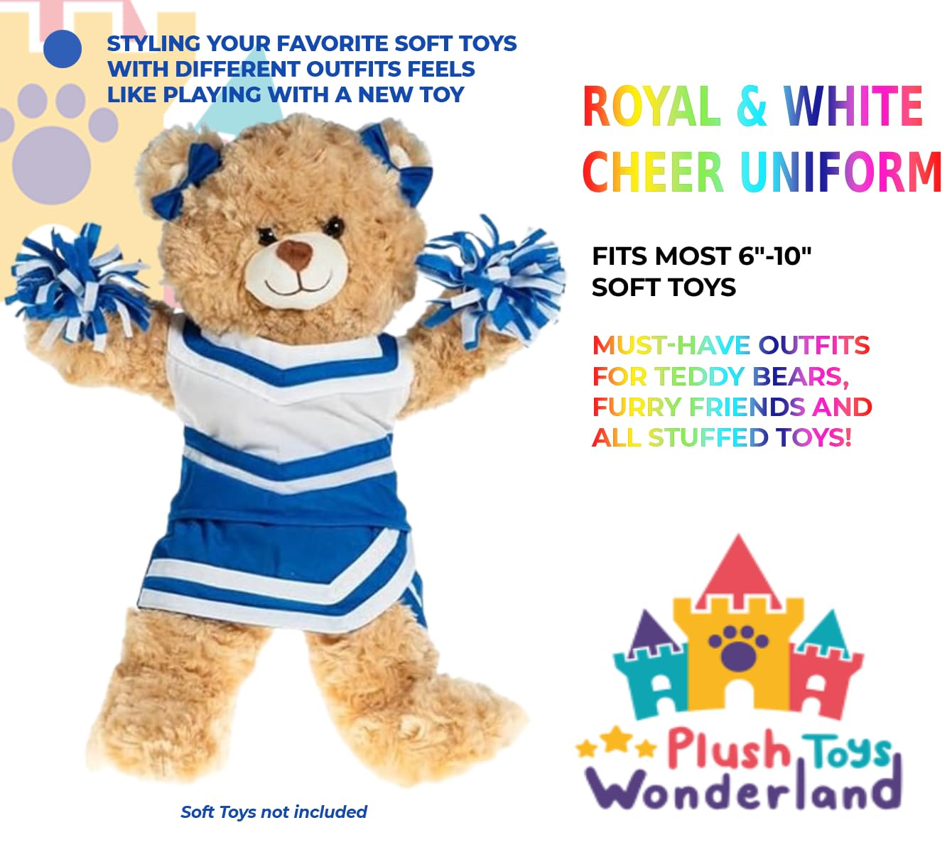 Plush Toys Wonderland Royal & White Cheer Uniform, Cute Cheerleader Outfit for Stuffed Animals Plush Toys Fits Most 6"-10" Soft Toys Gift for Girls,…