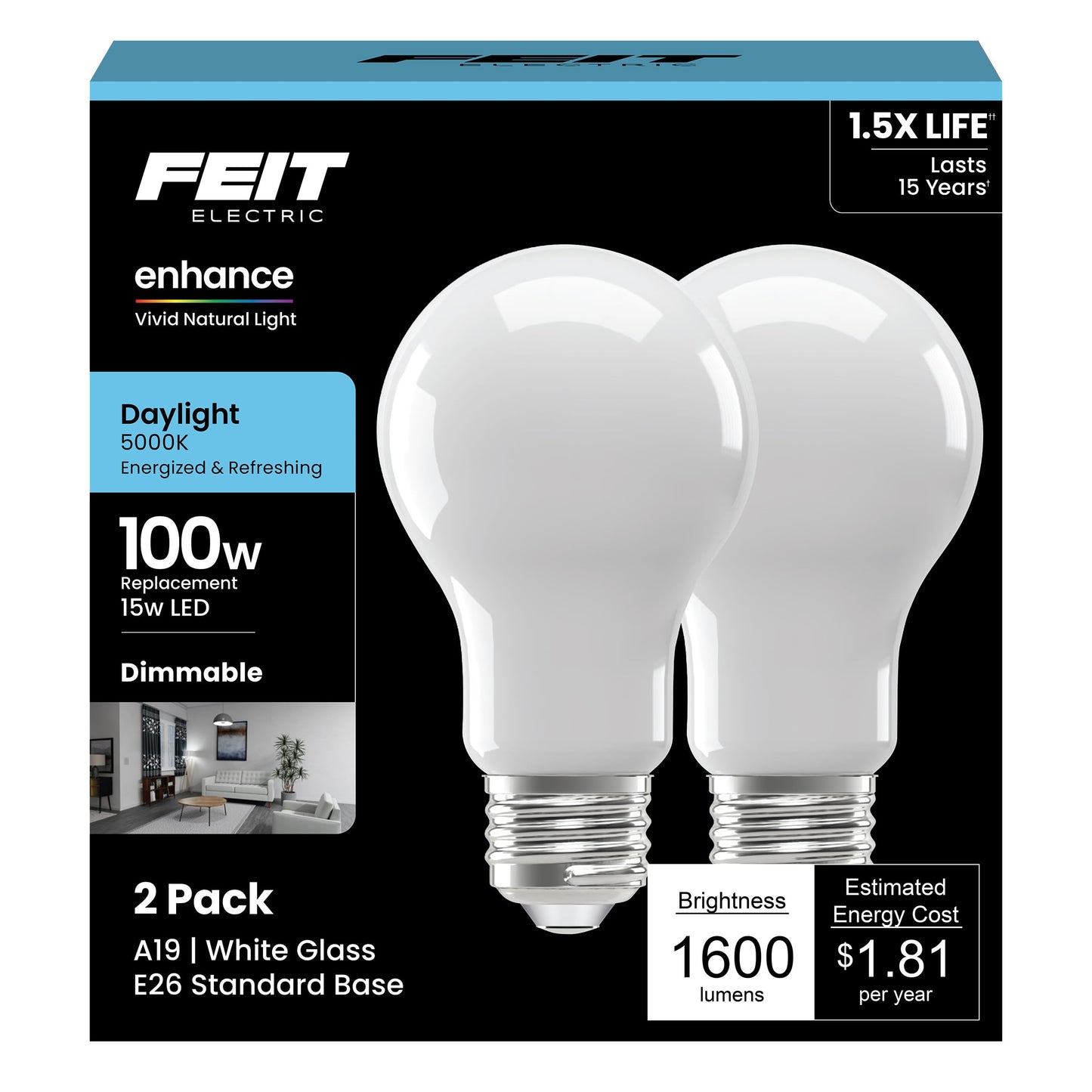 Feit Electric A19 LED Light Bulbs, 100W Equivalent, Dimmable, E26 Standard Base, 90 CRI, 1600 Lumens, 5000K Daylight, General Purpose Light Bulbs