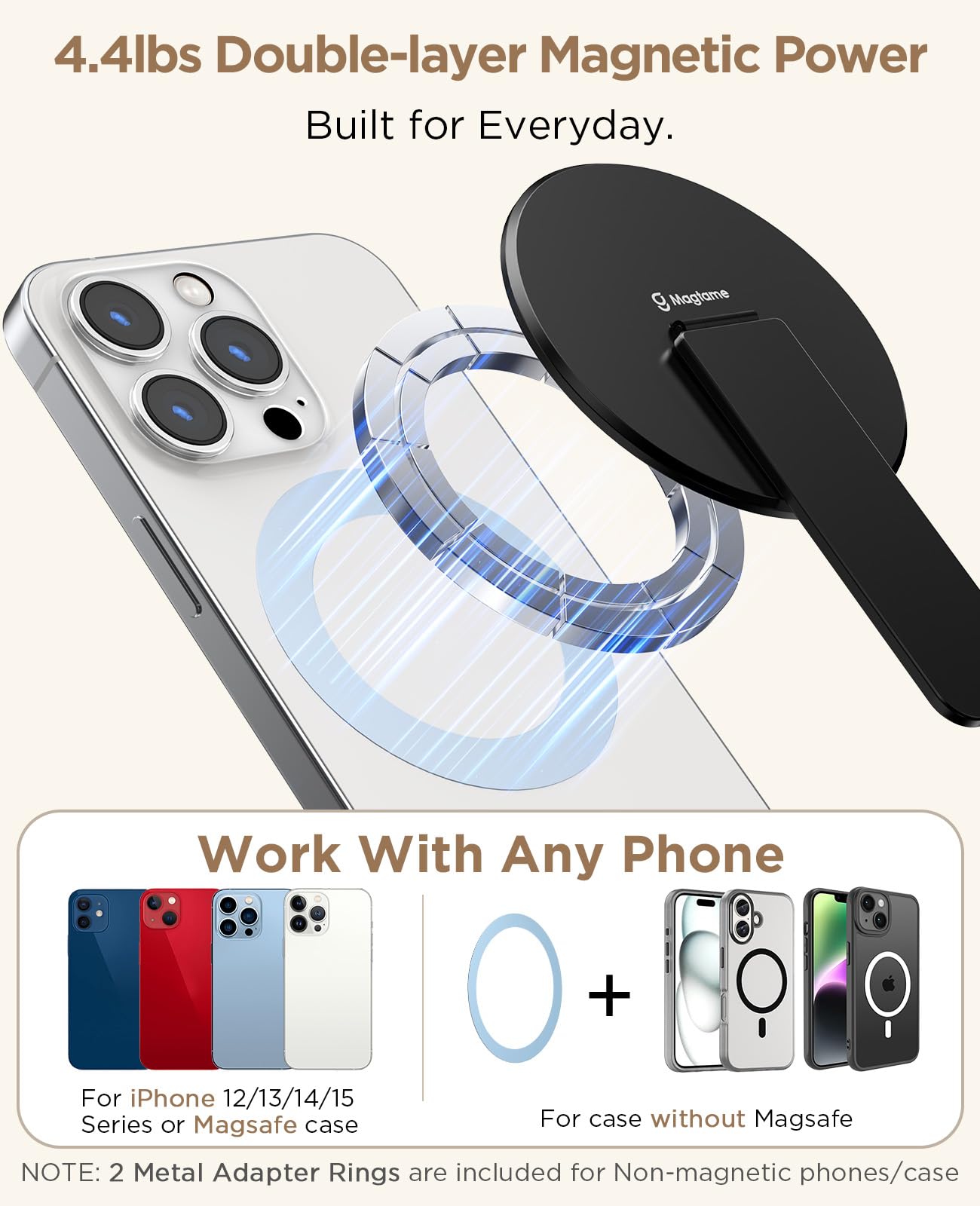 Magtame Magnetic Phone Stand Grip for Magsafe, Utral-Thin Snap-on Kickstand with Strong Magnetic Holder, 140° Adjustable for Hands-Free Travel, Work