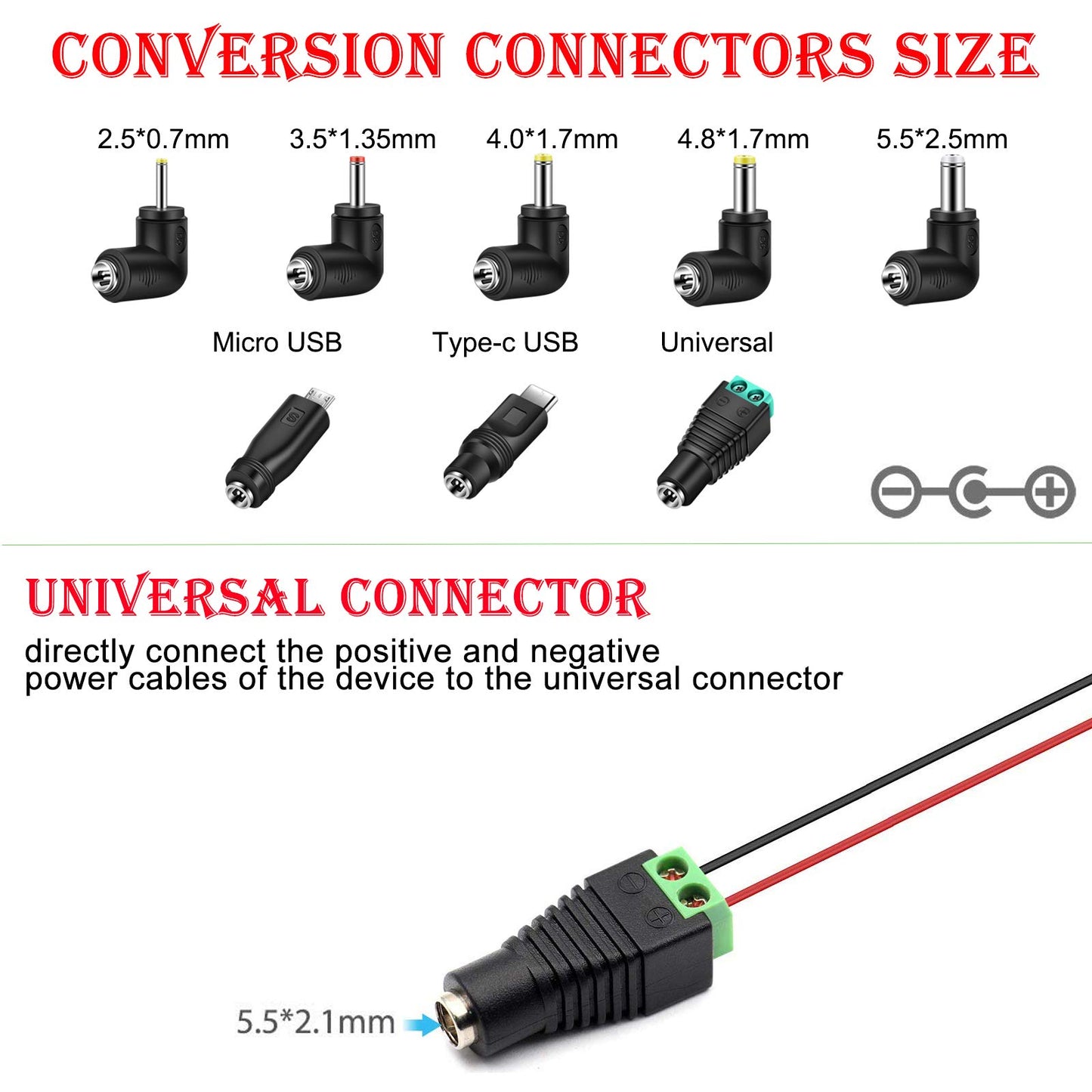 MEROM Universal 5V DC Power Cable, USB to DC 5.5x2.1mm Charging Cord Plug with 8 Connector Tips(5.5x2.5, 4.8x1.7, 4.0x1.7, 3.5x1.35, 2.5x0.7, Micro