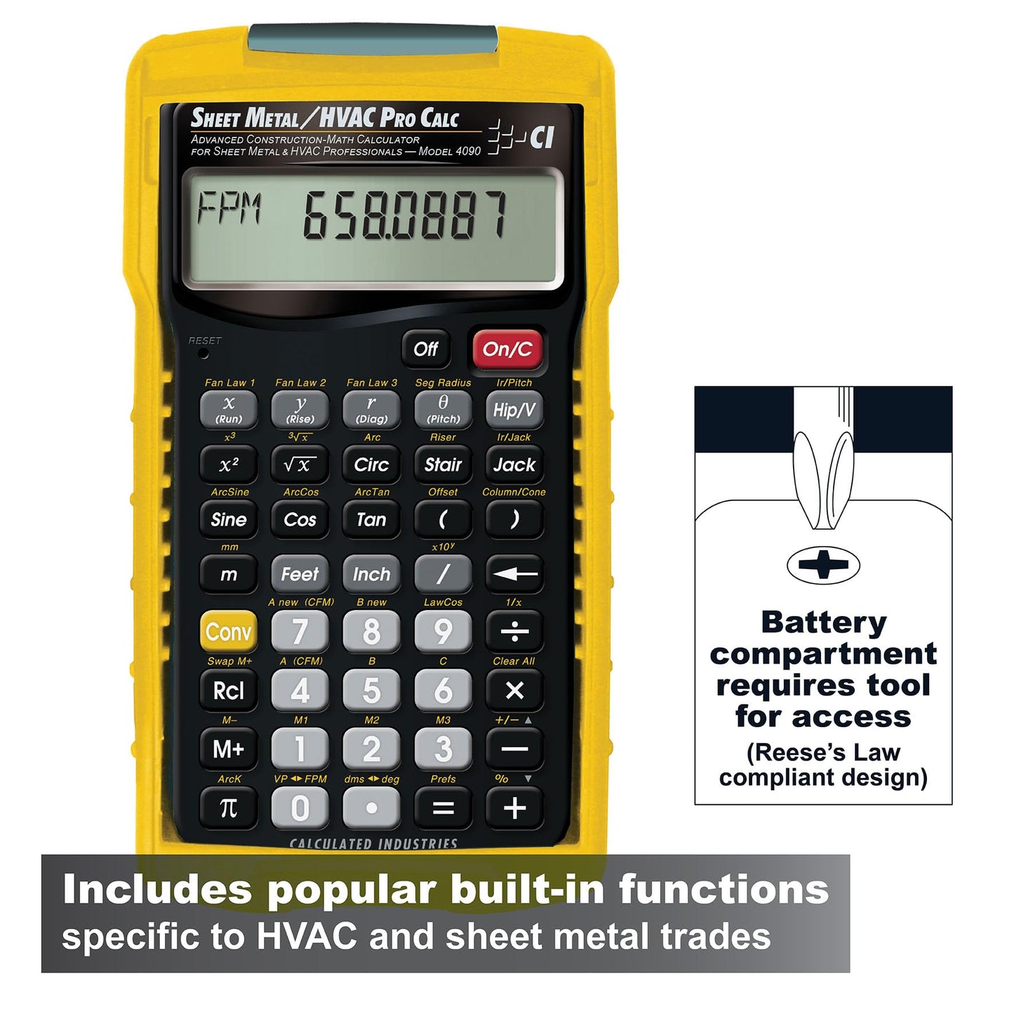 Calculated Industries 4090 Sheet Metal/HVAC Pro Calc Calculator, Advanced Construction-Math for Sheet Metal, HVAC Pros with Fan Law Functions, ArcK