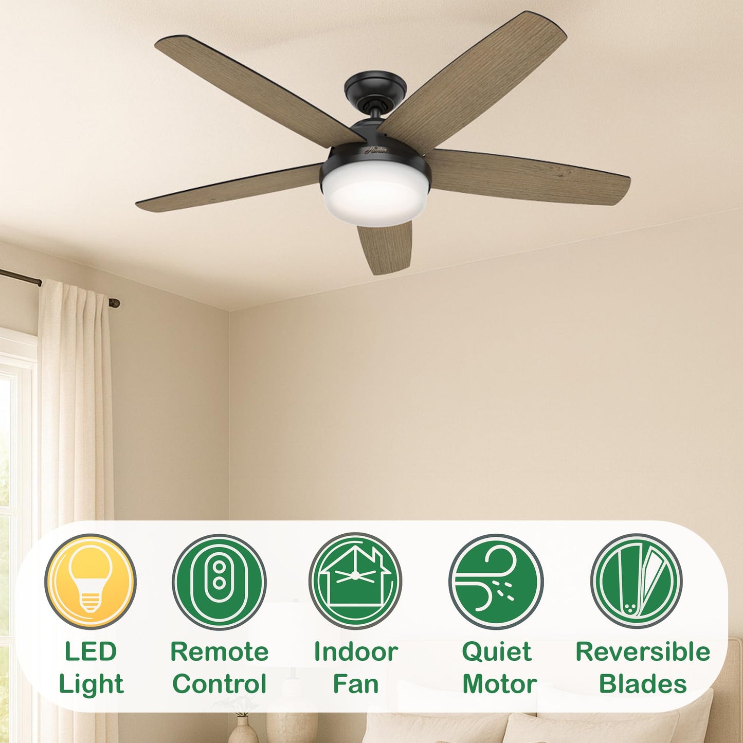 Hunter Fan 52 inch Contemporary Matte Black Indoor Ceiling Fan with Light Kit and Remote Control (Renewed)