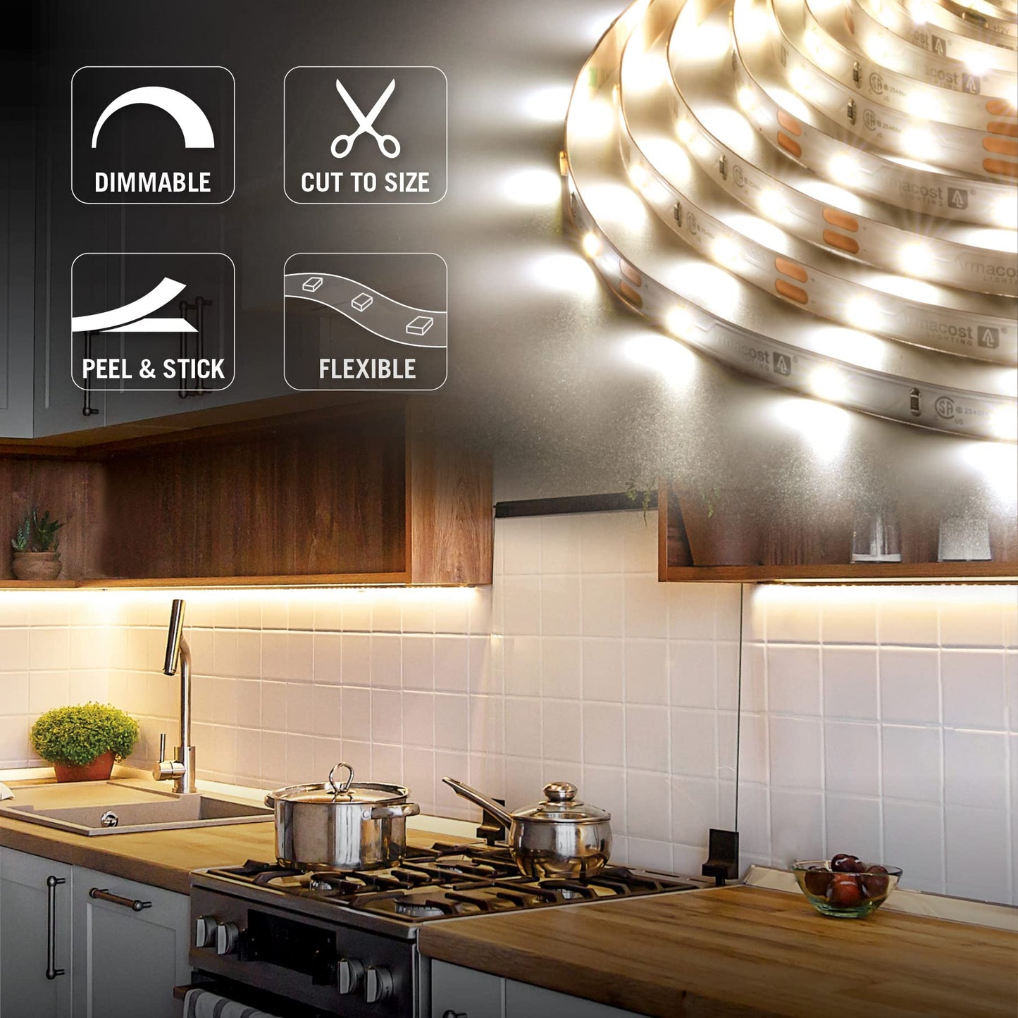 Armacost Lighting 151232 RibbonFlex Home 12V White LED Strip Light Tape 30 LED/m 4000K 16 ft (5m)