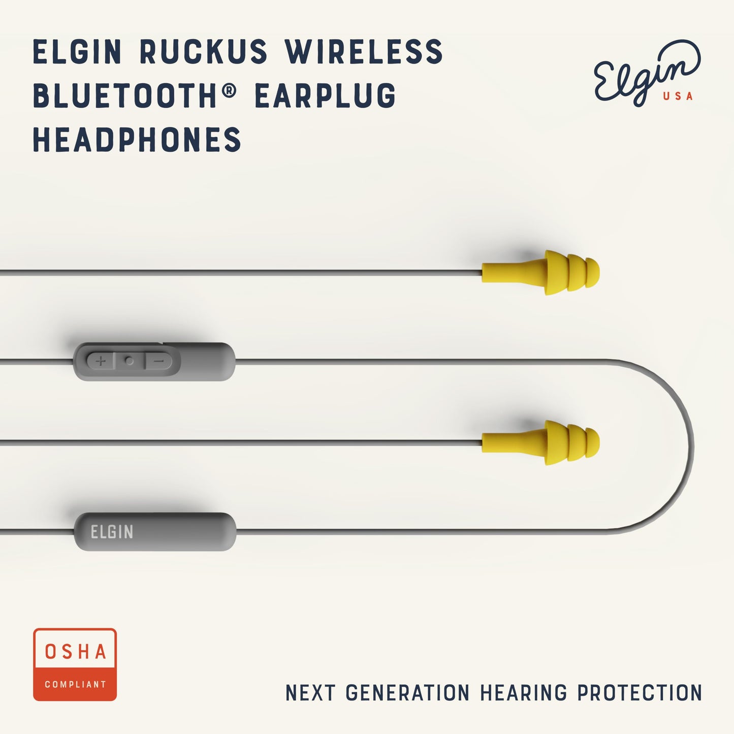 Elgin Ruckus Wireless Bluetooth Earplug Headphones, 25 dB NRR, Noise Canceling Mic, 12-Hour Battery, IP65 Sweatproof, Compliant with OSHA Hearing