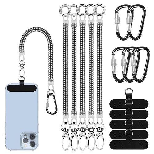 Lousrnman 5 Pack Phone Lanyard Tether, Cell Phone Lanyard with 5x Carabiner and 5x Fabric Patch, Universal Anti Theft Phone Safety Strap Compatible