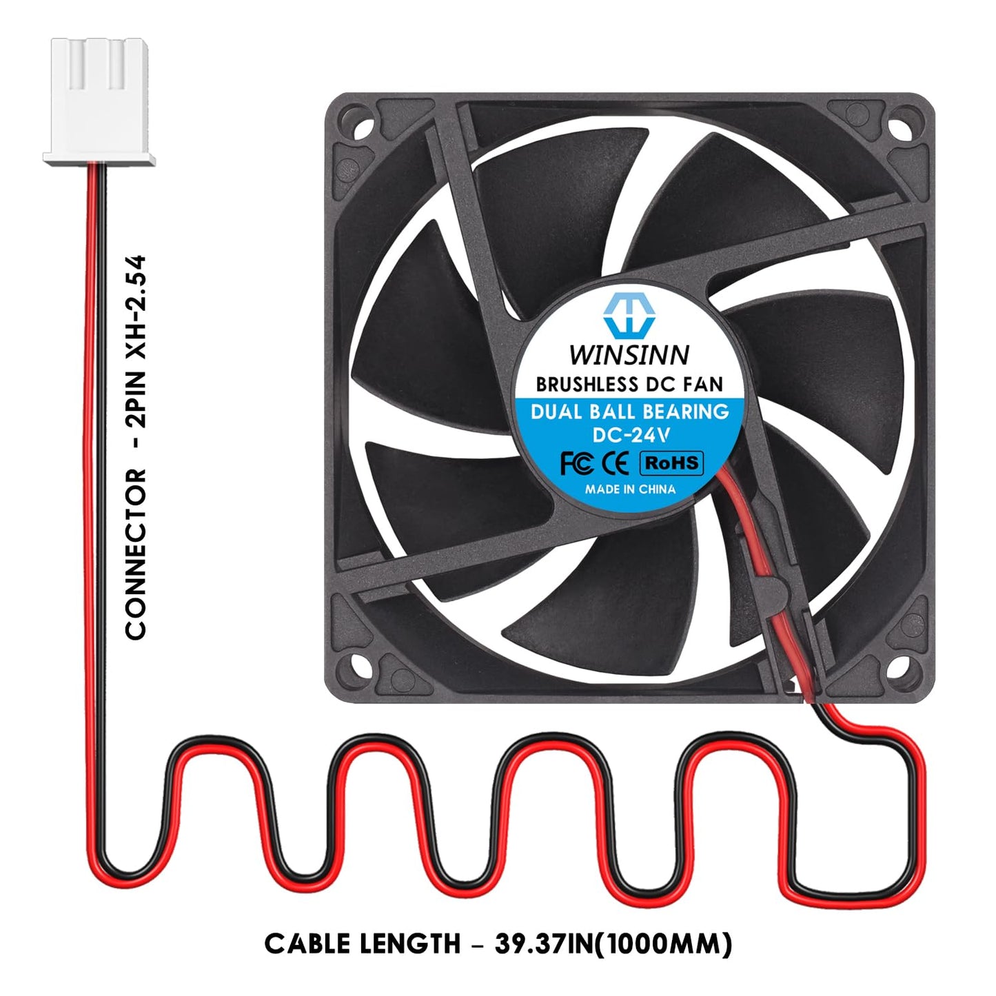 WINSINN DC 80mm Fan 24V 8020 Dual Ball Bearing Brushless Cooling 80x20mm 2PIN (Pack of 2Pcs)