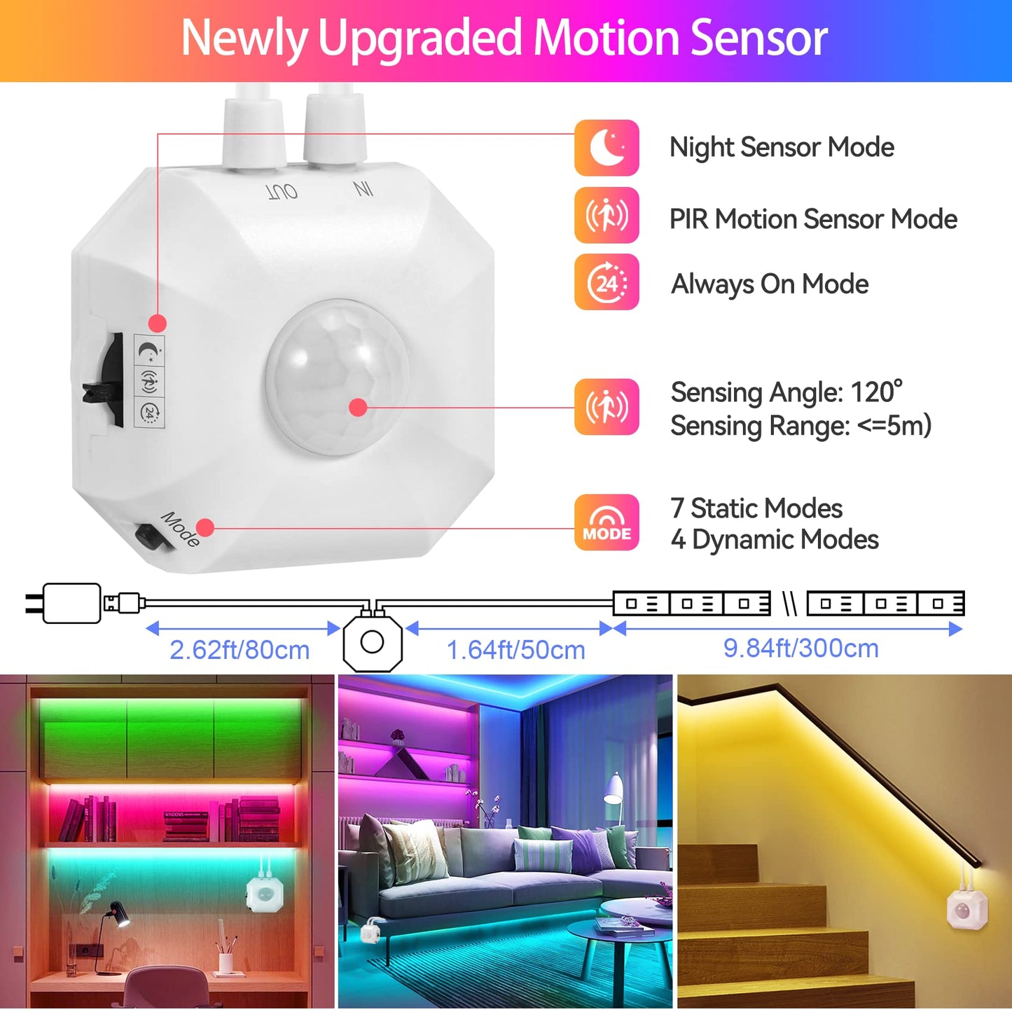 Under Bed Lights Motion Sensor Light Indoor, 2-Pack 9.8Ft Motion Activated RGB Color Changing LED Strips with Remote,App Control,Music Sync, USB