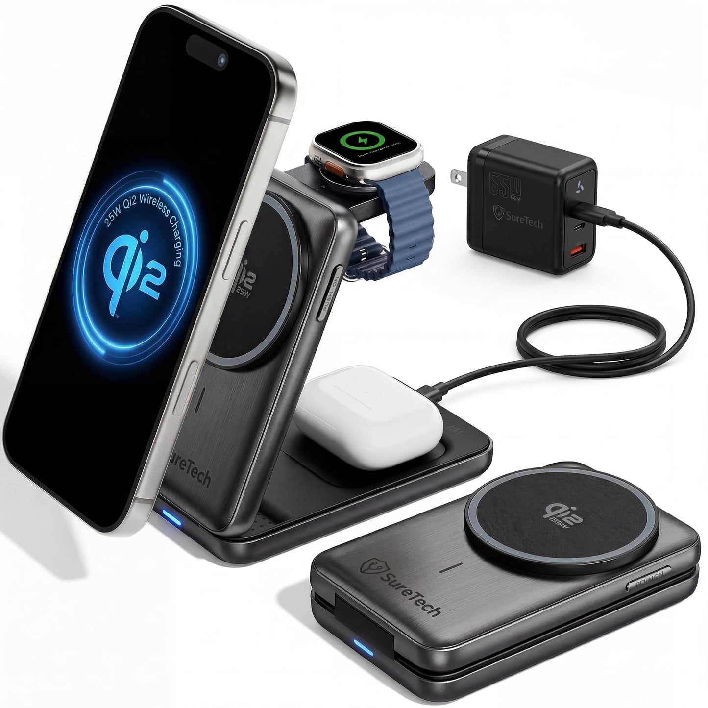 SureTech Qi2.2 Certified 3-in-1 Foldable Wireless Charging Station for Apple Devices with 65W Adapter, 25W Fast Charging Dock, Portable Magnetic