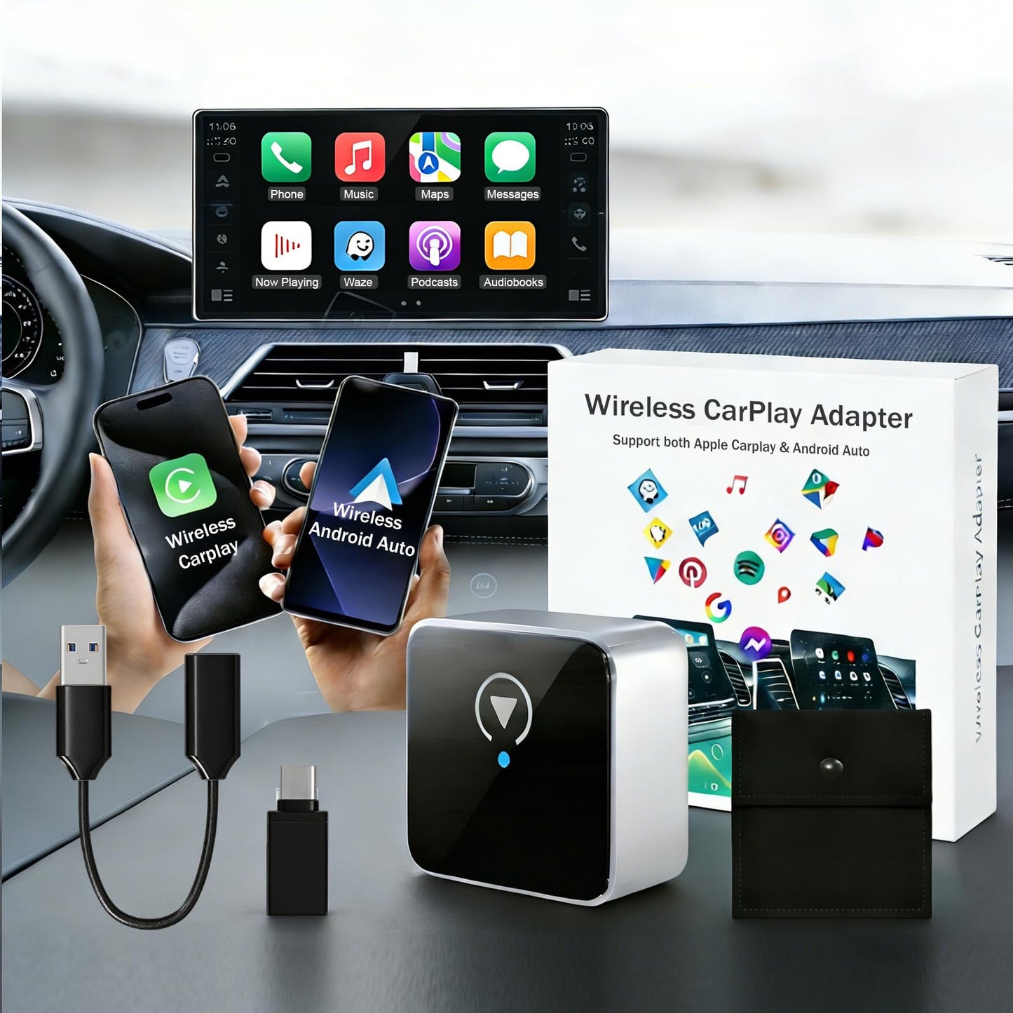 Wireless CarPlay Adapter for Apple iPhone & Android Auto, Wireless Adapter 2026 Upgraded Mini Bluetooth CarPlay 2-in-1 Car Audio & Video Accessories