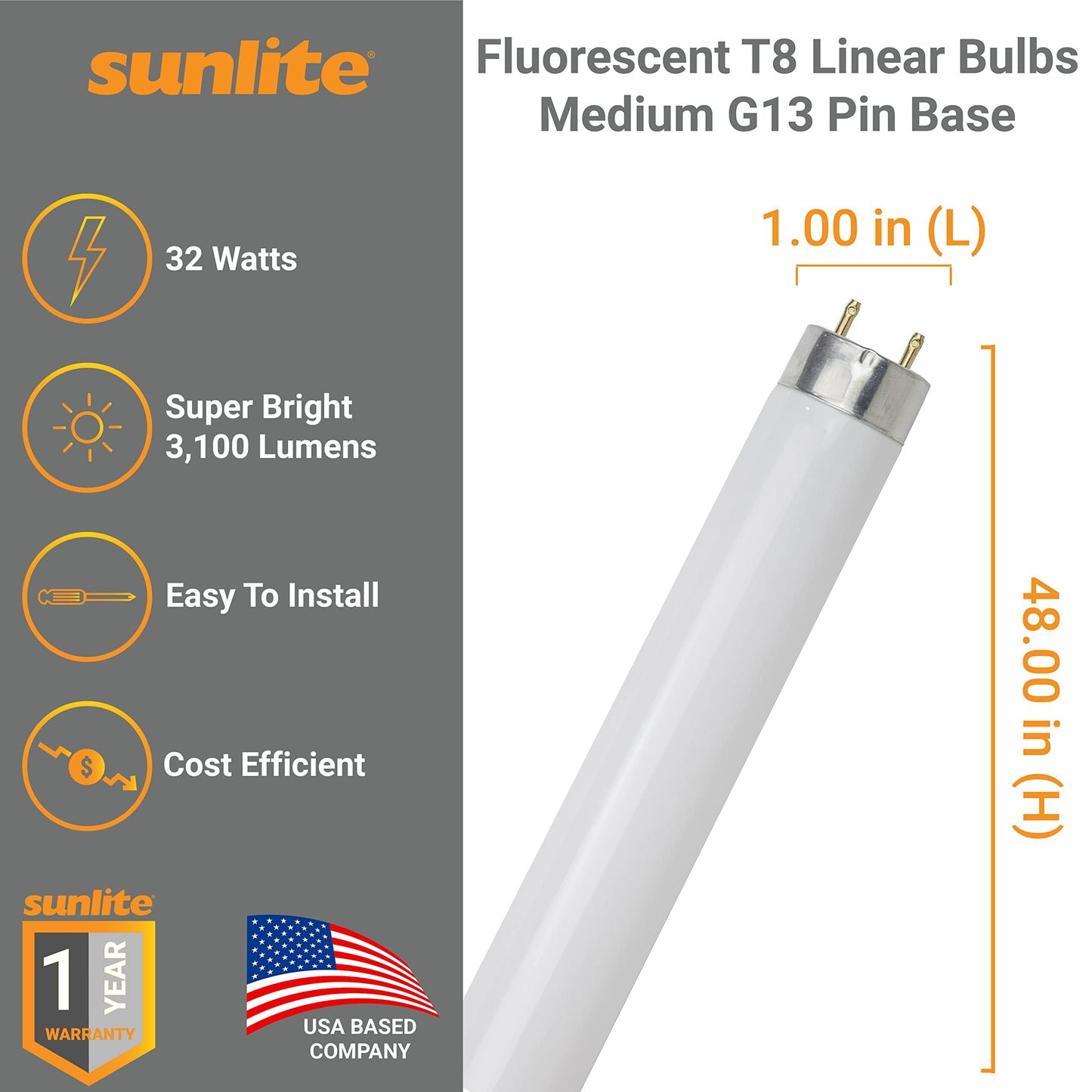 Sunlite F32T8/SP850 4 Foot T8 Linear Fluorescent Light Bulb, 32 Watts, 3050 Lumens, Medium Bi-Pin (G13) Base, 5000K Daylight, High Performance, 10