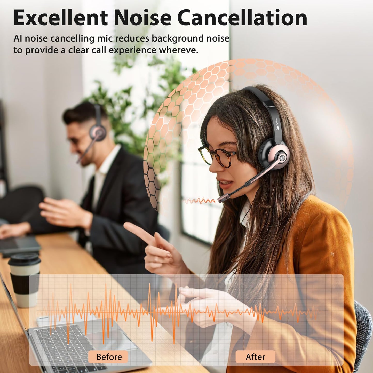 Wireless Headset with Mic for Work, Bluetooth Headset with Noise Cancelling Mic & USB Dongle for Meeting, Single Ear Work Headset with Charging Base