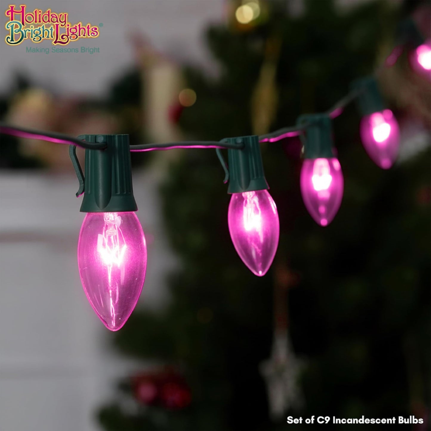 Holiday Bright Lights C9 Pink Transparent Filament LED Replacement Roofline with E17 Base String Light Bulbs Set of 25